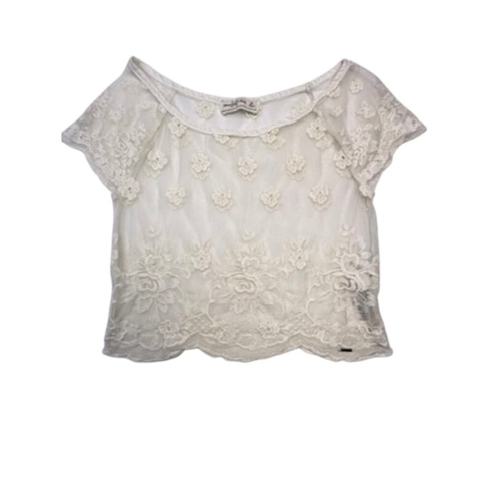 Abercrombie & Fitch Sheer Floral Lace Embroidered White Scalloped Crop Top  XS